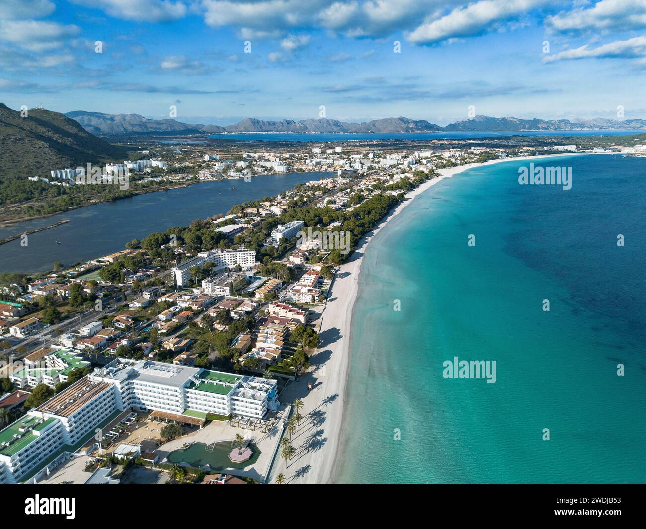 Playa de Muro beach in Alcudia bay aerial shot, Majorca island Stock Photo