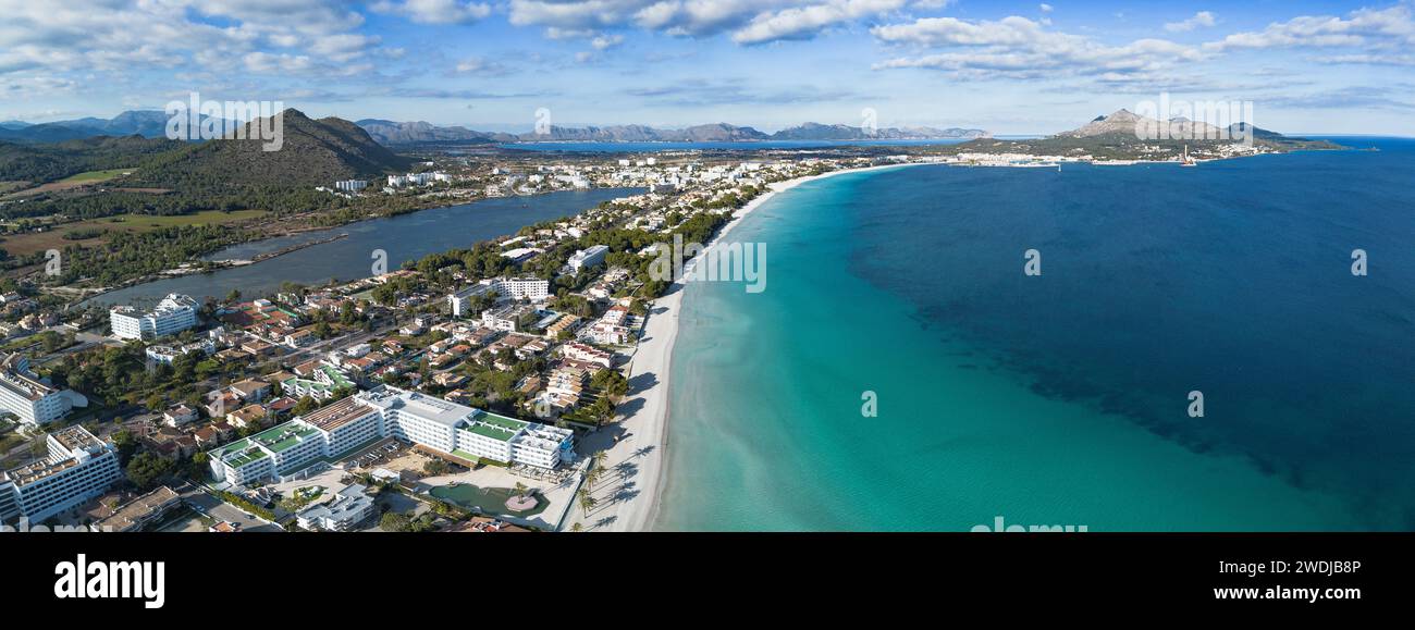Aerial panorama of Playa de Muro beach in Alcudia bay, Majorca Stock Photo