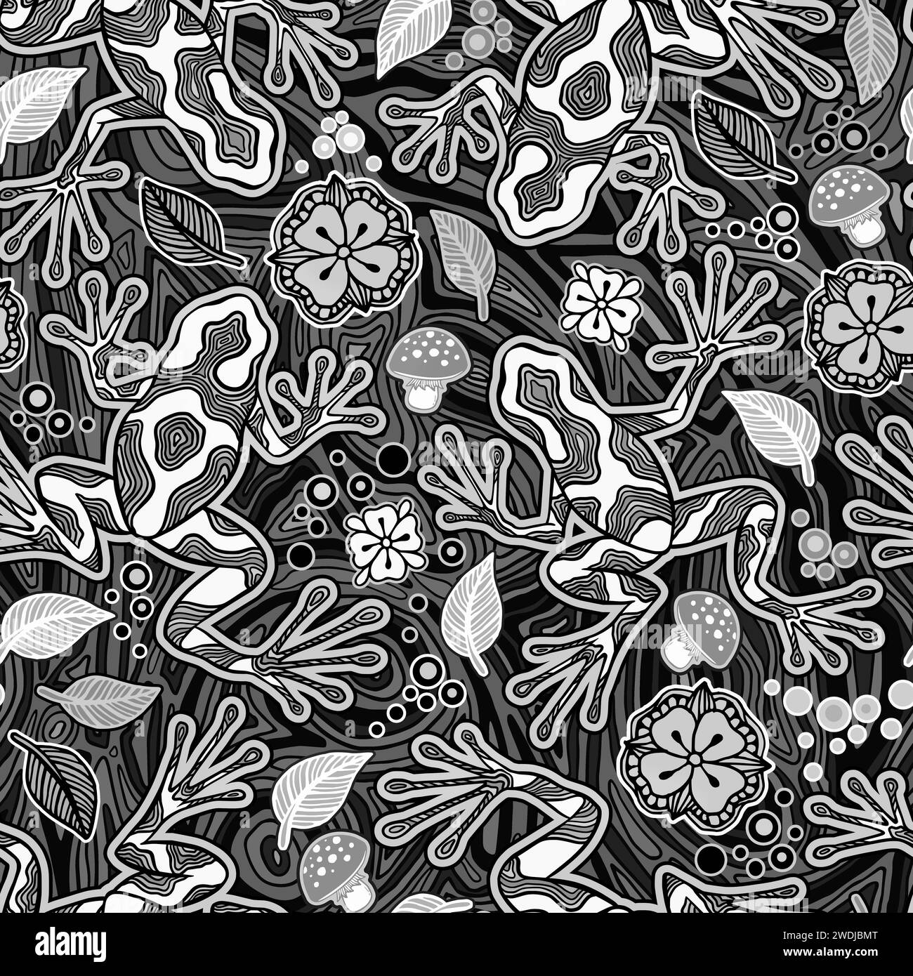 Hawaiian Black and White Poison Dart Frog Psychedelic Seamless Pattern, Trippy Art Fantasy Mushrooms and Reptilian Stock Photo