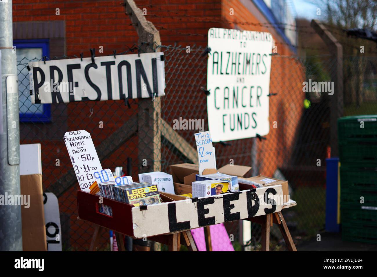 Leeds, UK. 21st Jan, 2024. A stool selling old match day programmes can ...