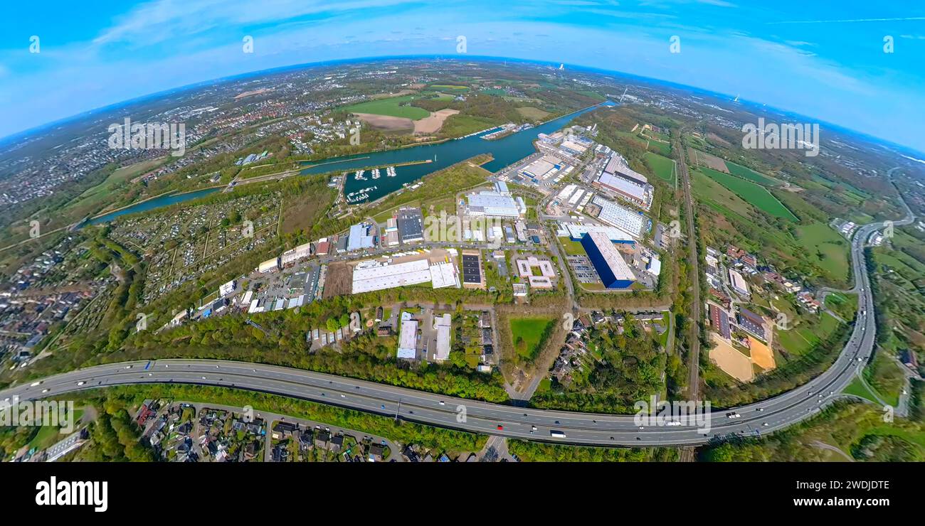 Aerial view, Friedrich der Große industrial estate on the Rhine-Herne Canal, Herne Sea, A42 highway, Earth globe, fisheye image, 360 degree image, Hor Stock Photo