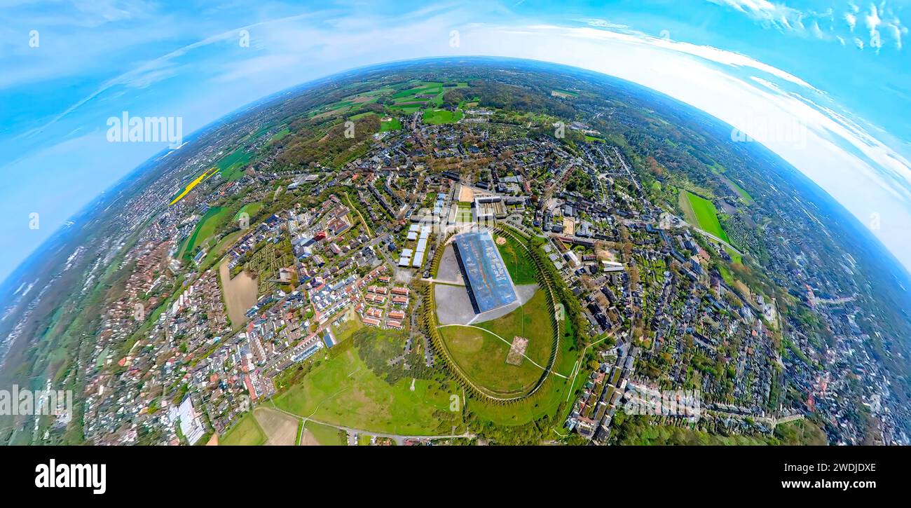 Aerial view, view of Sodingen with Akademie-Mont-Cenis, solar roof, earth globe, fisheye image, 360 degree image, Sodingen, Herne, Ruhr area, North Rh Stock Photo