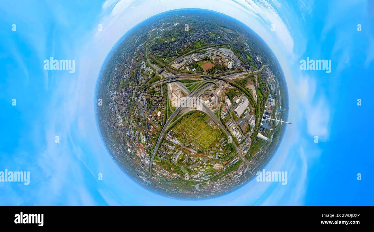 Aerial view, highway junction Herne, highway A42 and highway A43, construction site, earth globe, fisheye image, 360 degree image, Baukau-West, Herne, Stock Photo