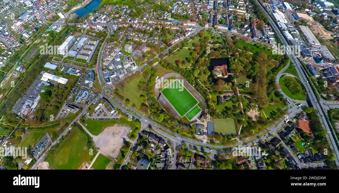 Aerial view, Strünkede Castle with castle park, stadium at Strünkede Castle, earth globe, fisheye image, 360 degree image, Baukau, Herne, Ruhr area, N Stock Photo