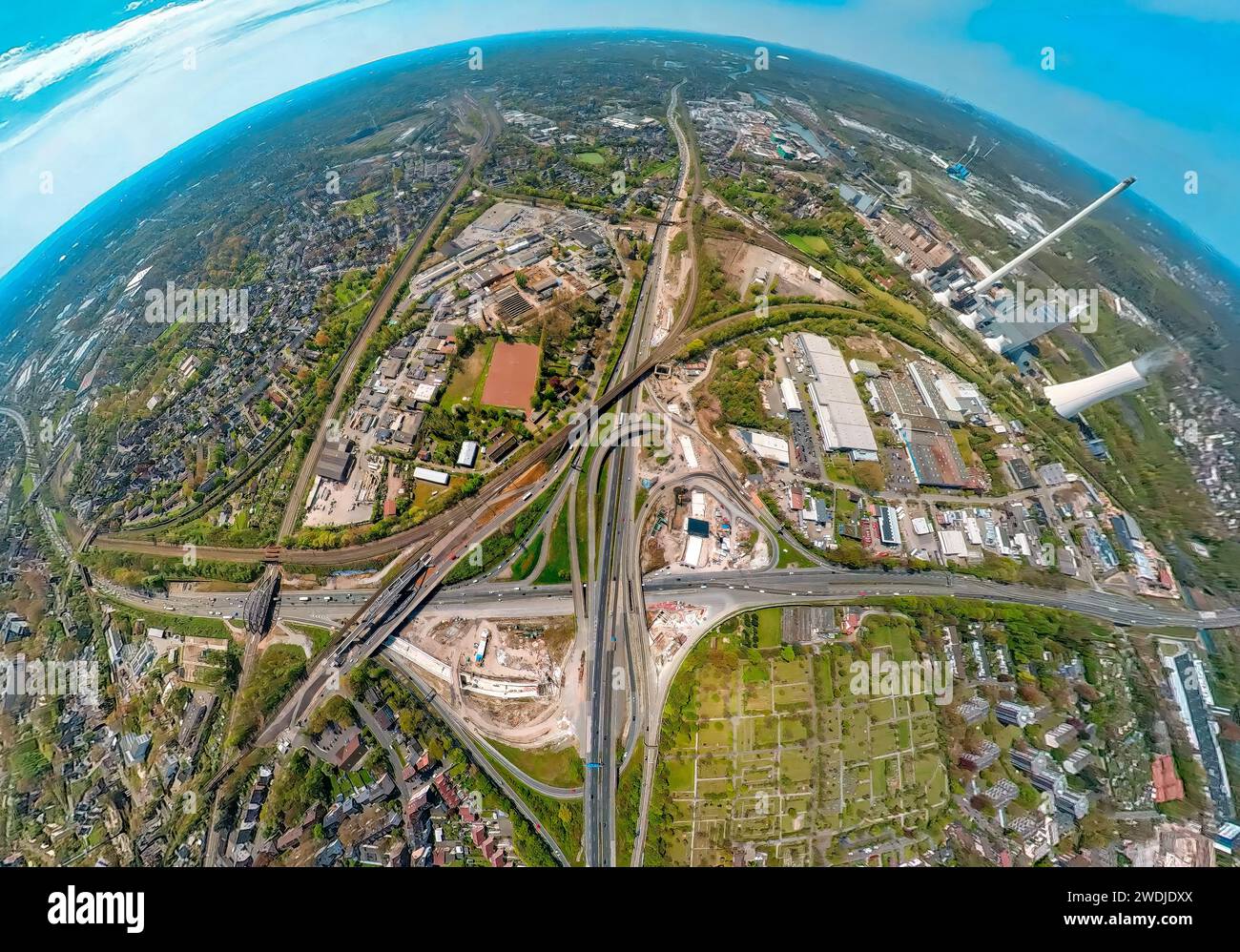 Aerial view, highway junction Herne, highway A42 and highway A43, construction site, earth globe, fisheye image, 360 degree image, Baukau-West, Herne, Stock Photo