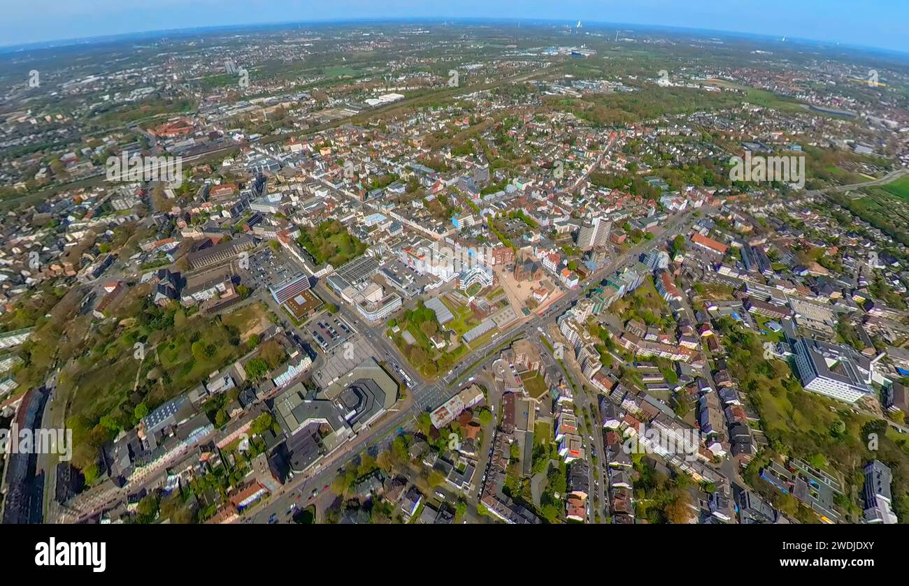 Aerial view, Herne Mitte Bahnhofstraße with new building Europaplatz, Kreuzkirche and LWL-Museum for Archaeology and Culture, earth globe, fisheye ima Stock Photo