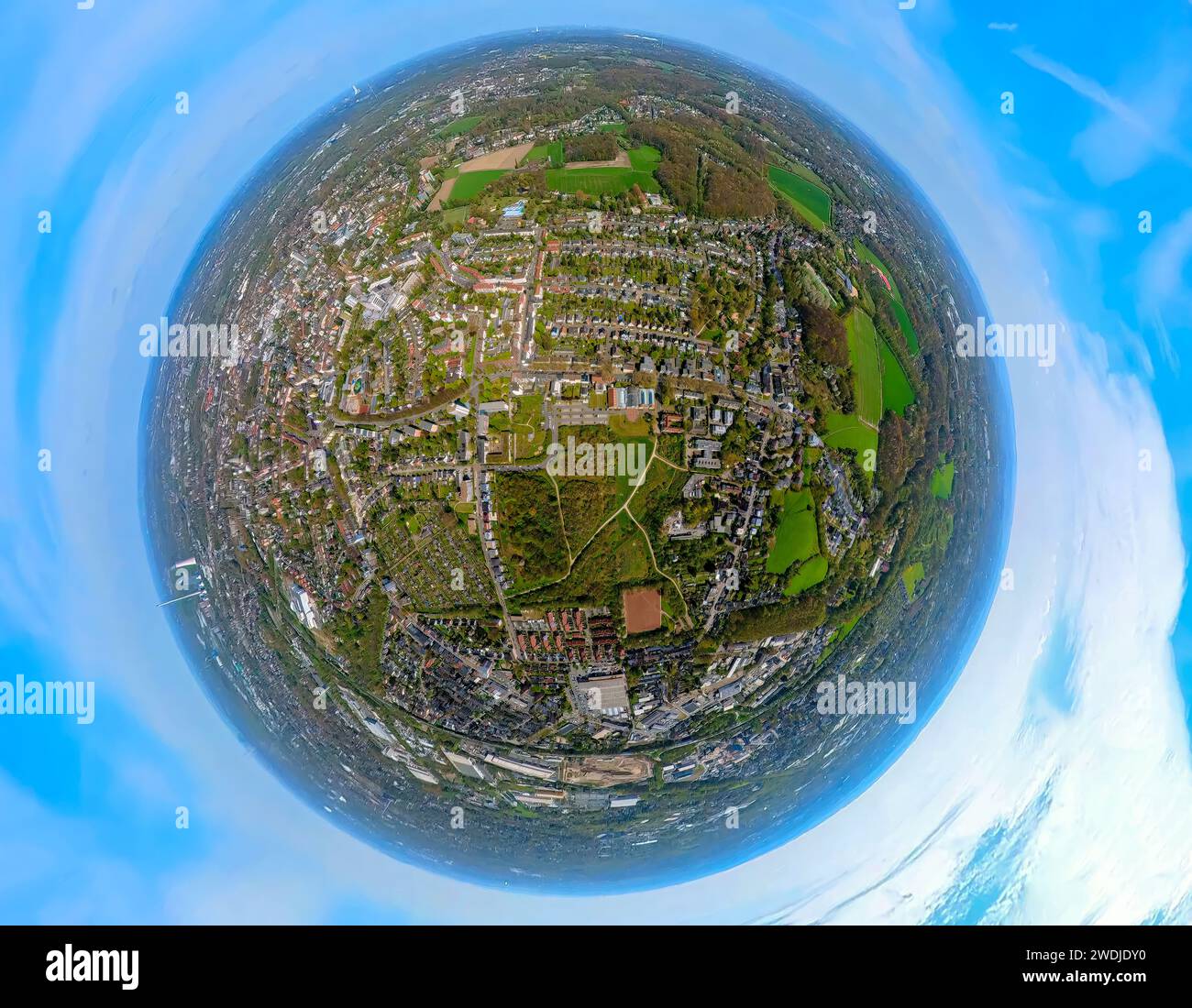 Aerial view, Flottmann-Hallen and Flottmannpark, Earth globe, Fisheye image, 360 degree image, Herne-Süd, Herne, Ruhr area, North Rhine-Westphalia, Ge Stock Photo