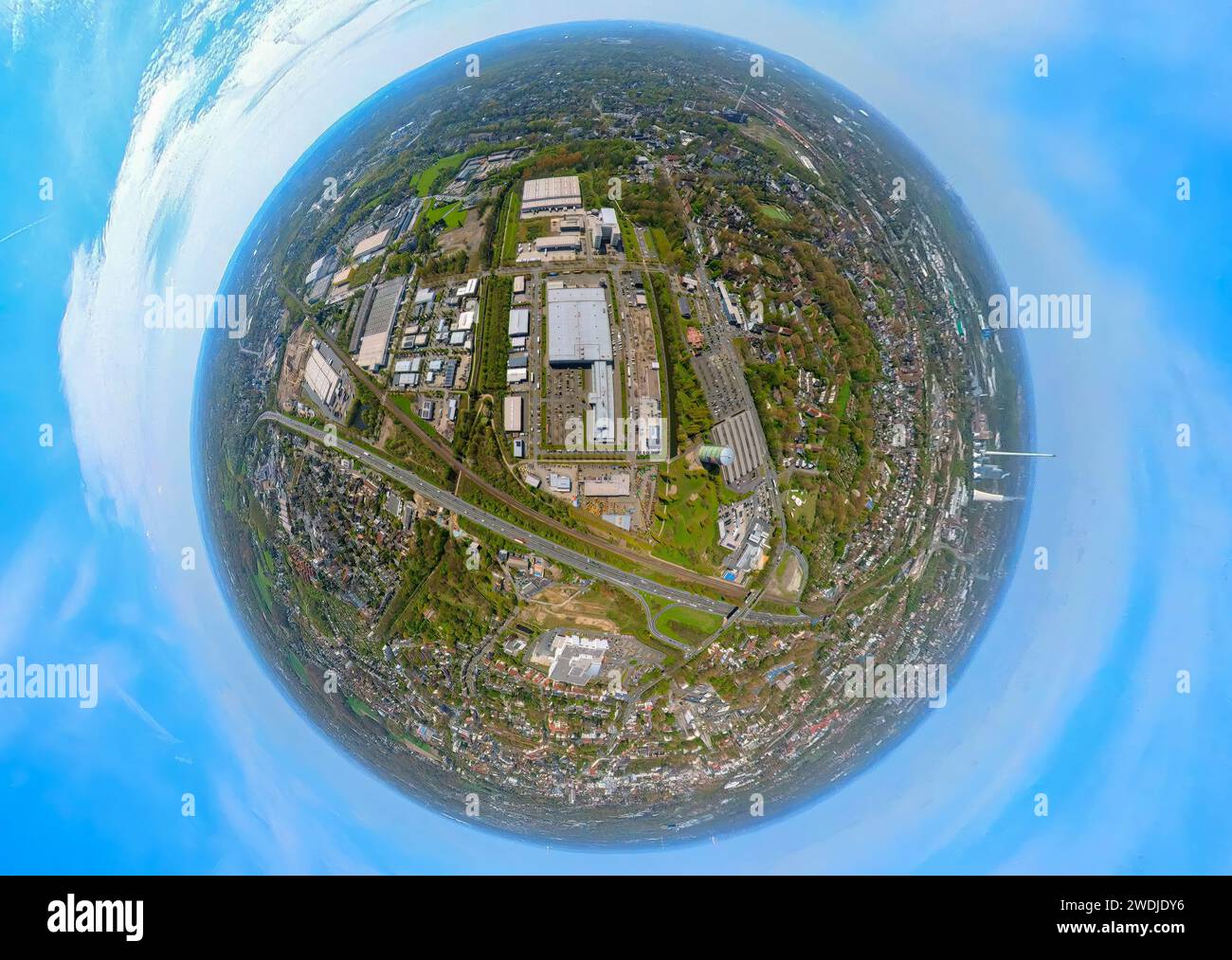 Aerial view, industrial area Hibernia, canals, gasometer, globe, fisheye shot, 360 degree shot, Holsterhausen, Herne, Ruhr area, North Rhine-Westphali Stock Photo
