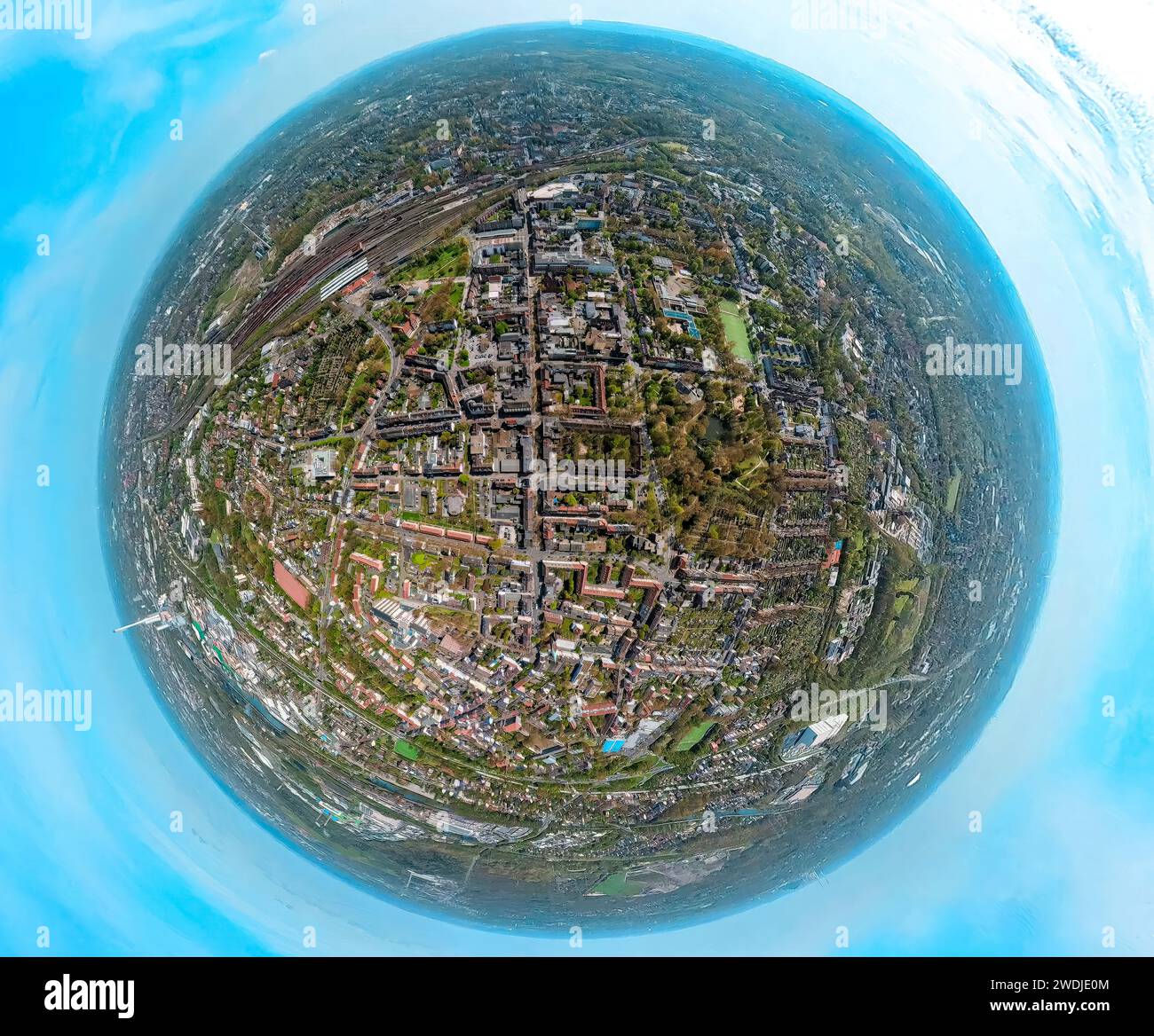 Aerial view, Herne-Wanne Mitte, city garden, earth globe, fisheye image, 360 degree image, Wanne, Herne, Ruhr area, North Rhine-Westphalia, Germany Stock Photo