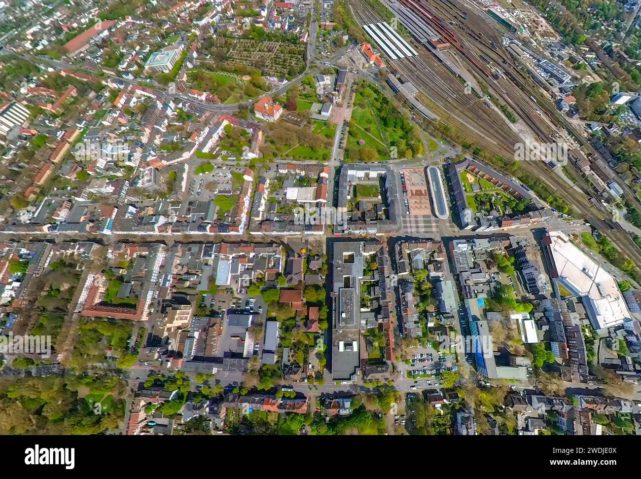Aerial view, Herne-Wanne Mitte, city center and main street at Herne Wanne-Eickel station, earth globe, fisheye image, 360 degree image, Wanne, Herne, Stock Photo