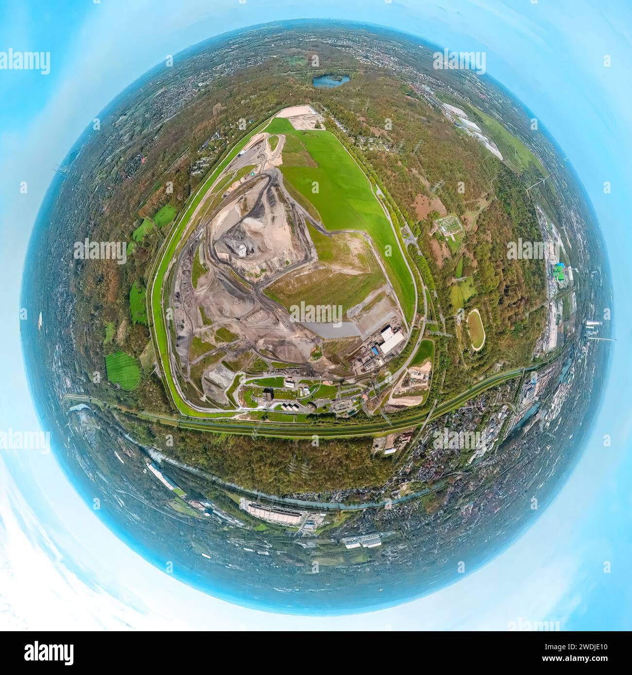 Aerial view, central landfill Emscherbruch, earth globe, fisheye image, 360 degree image, Resser Mark, Gelsenkirchen, Ruhr area, North Rhine-Westphali Stock Photo