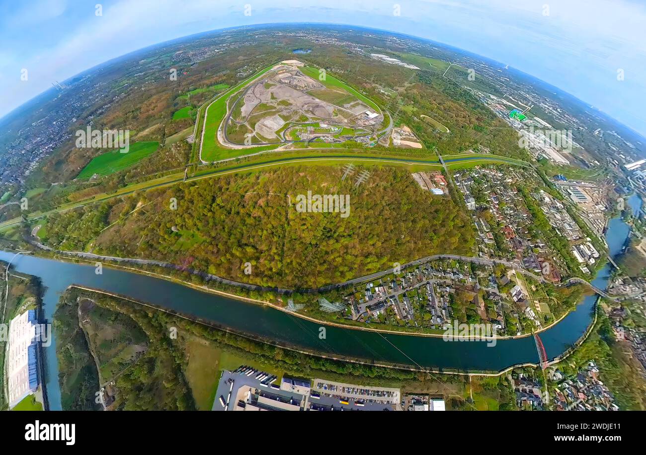 Aerial view, central landfill Emscherbruch, river Emscher, Rhine-Herne-Canal, Resser Wäldchen, earth globe, fisheye image, 360 degree image, Resser Ma Stock Photo