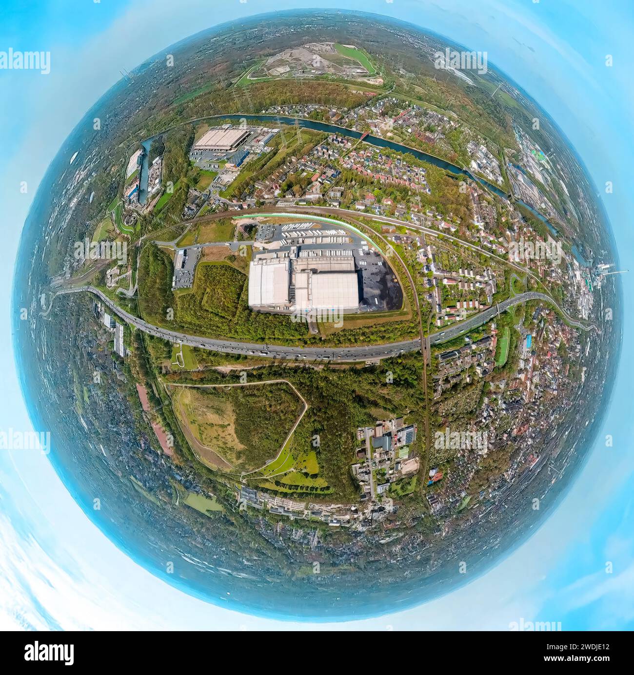 Aerial photo, Nordfrost GmbH, on the A42 highway, globe, fisheye image, 360 degree image, Unser Fritz, Herne, Ruhr area, North Rhine-Westphalia, Germa Stock Photo