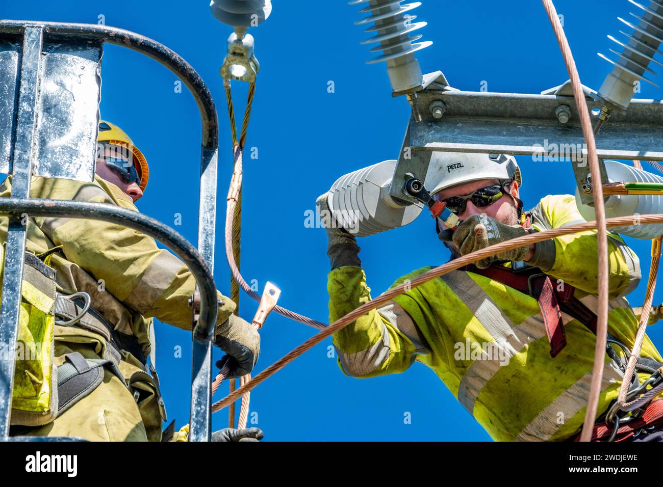 Electricity power line installation Stock Photo Alamy