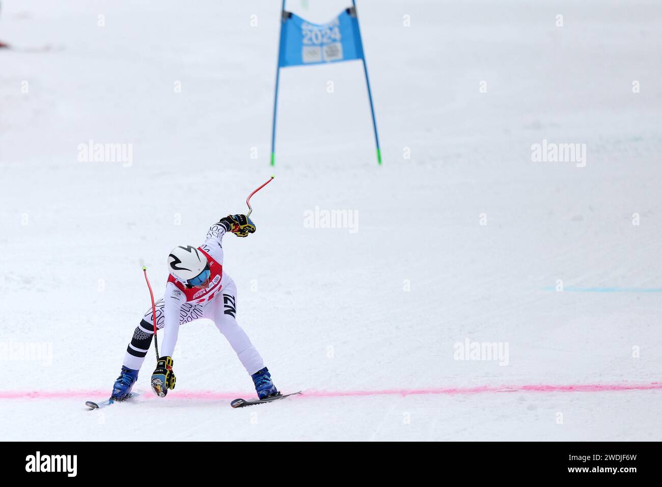 Jeongseon, South Korea. 21st Jan, 2024. Hemi Meikle of New Zealand crosses the finish line during the men's Super-G of alpine skiing event at the Gangwon 2024 Winter Youth Olympic Games in Jeongseon, South Korea, Jan. 21, 2024. Credit: Li Ming/Xinhua/Alamy Live News Stock Photo