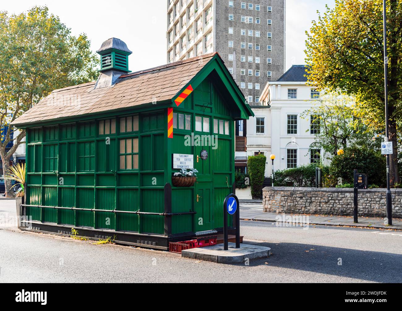 A green cabmen's shelters, in Kensington Park Road, Notting Hill neighbourhood, London city center, United Kingdom Stock Photo