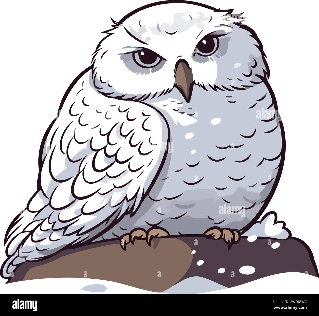 Illustration of a cute owl sitting on a snow covered ground. Stock Vector