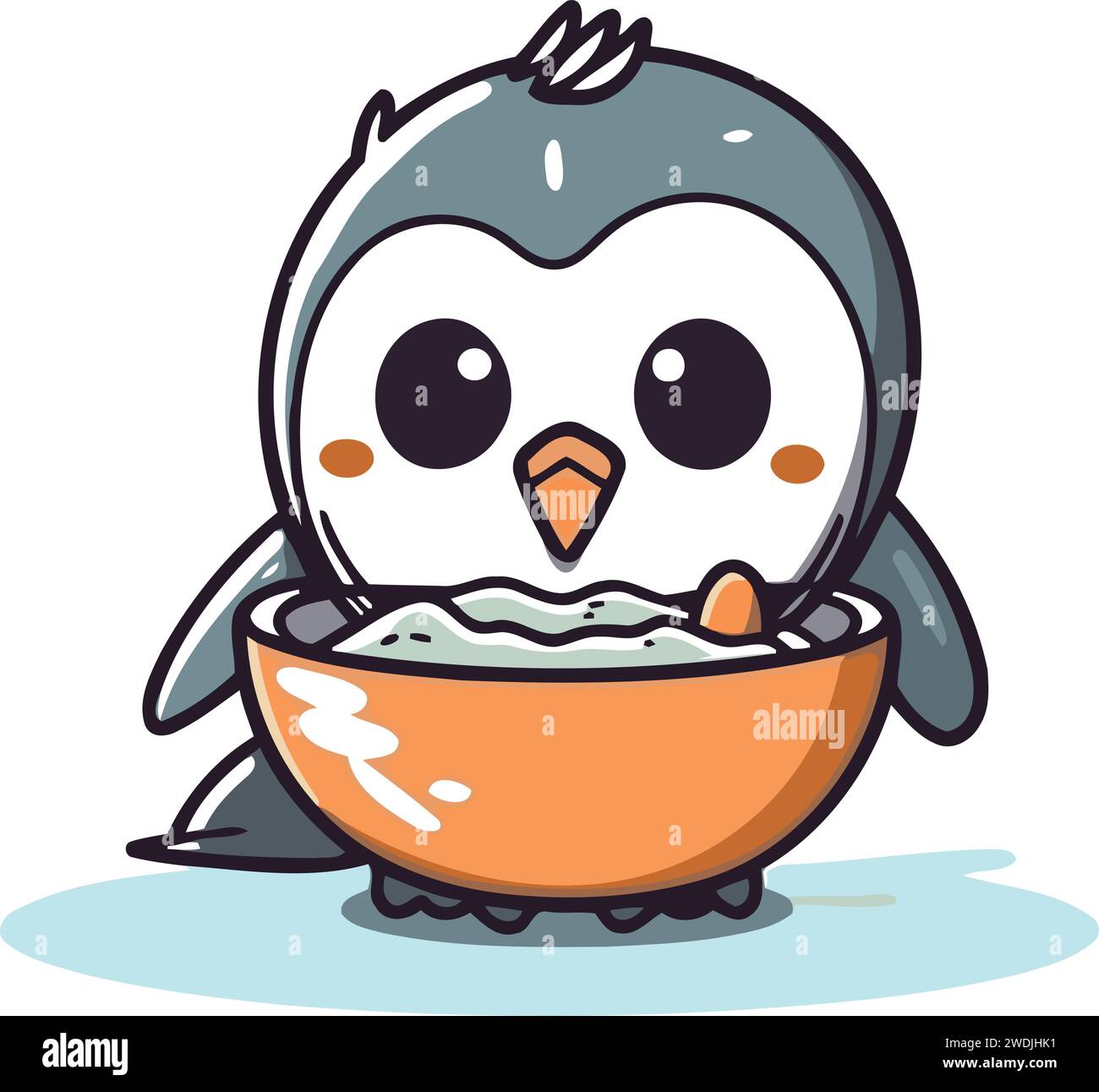 Cute penguin eating from a bowl. Vector cartoon illustration Stock