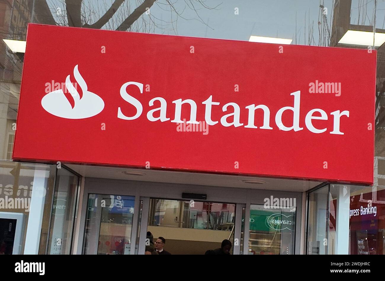 Santander sign above the branch entrance in Broad Street Reading, UK Stock Photo