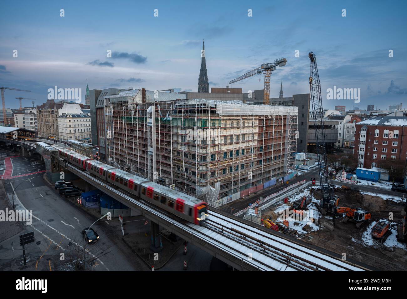 Hamburg, Germany, January 20, 2024 - Signa's Flüggerhöfe construction site. Insolvency of Signa Holding at the end of 2023. Stock Photo