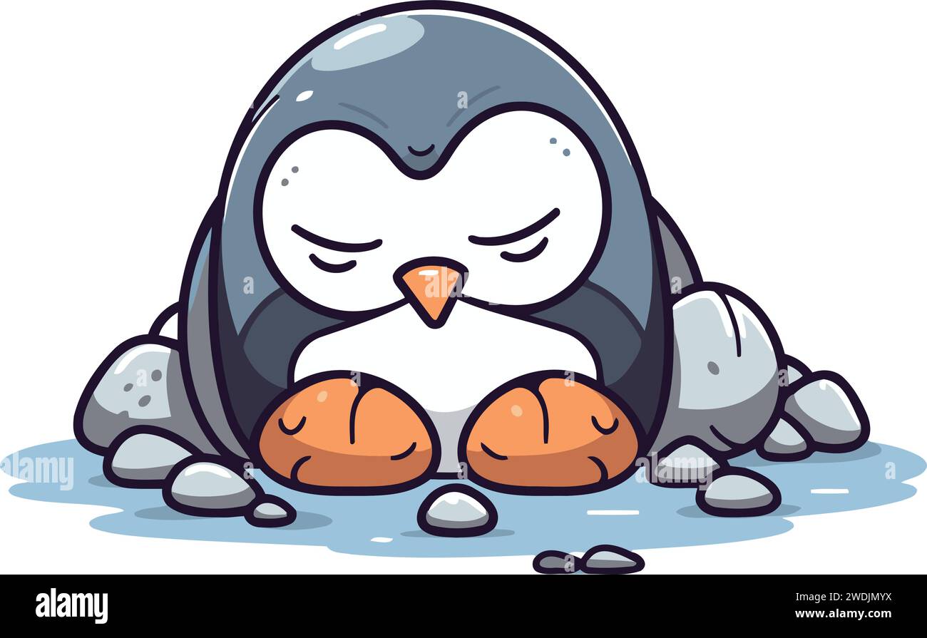 Cute penguin sleeping on the rock. vector cartoon illustration. Stock Vector