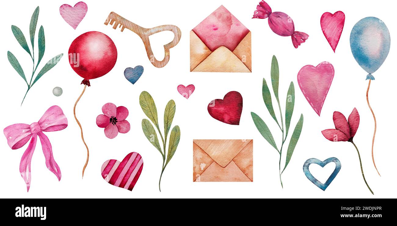 Watercolor hearts, flowers and leaves, candy, red and blue balloon ...