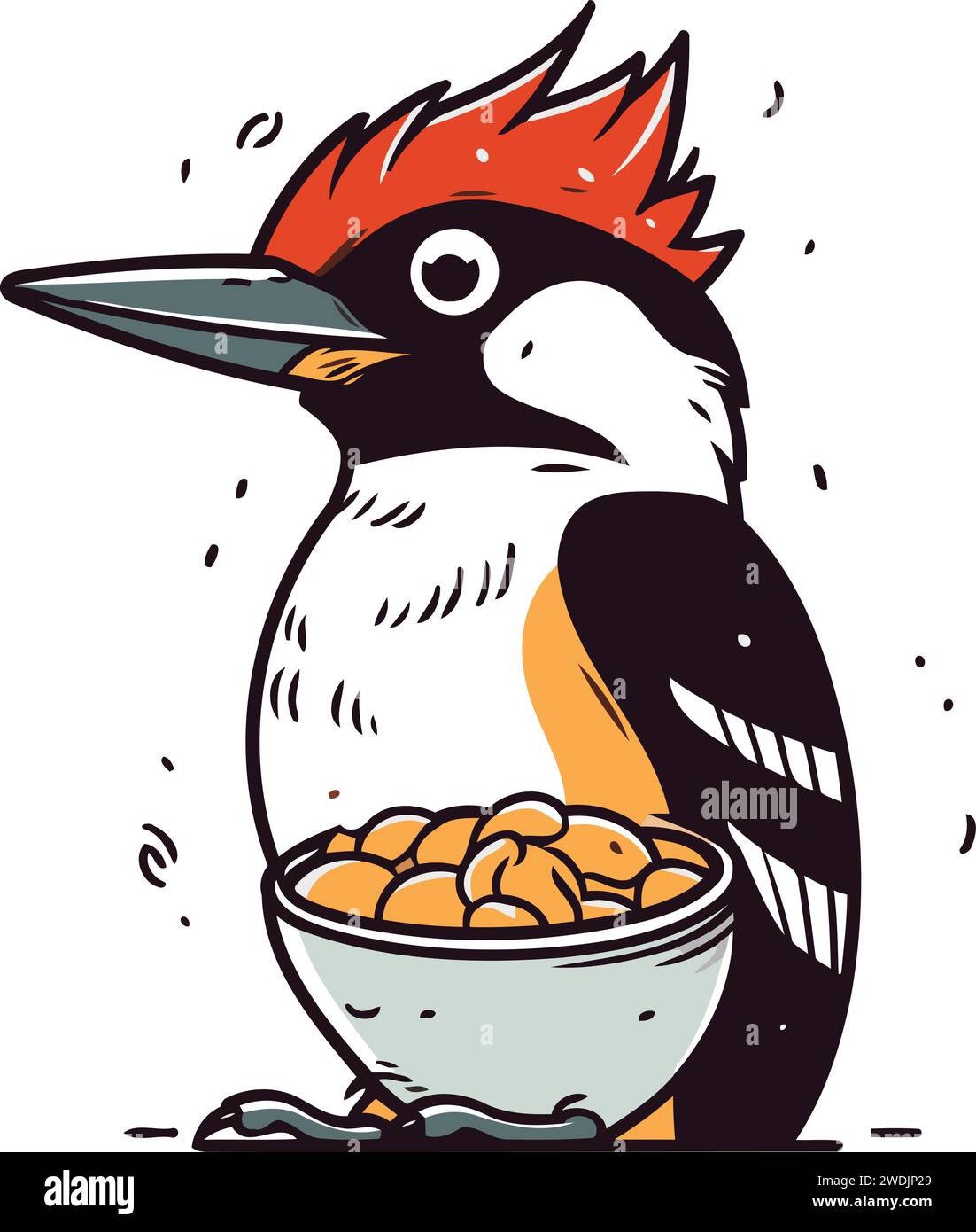 Cute woodpecker and bowl of food. Vector illustration Stock Vector