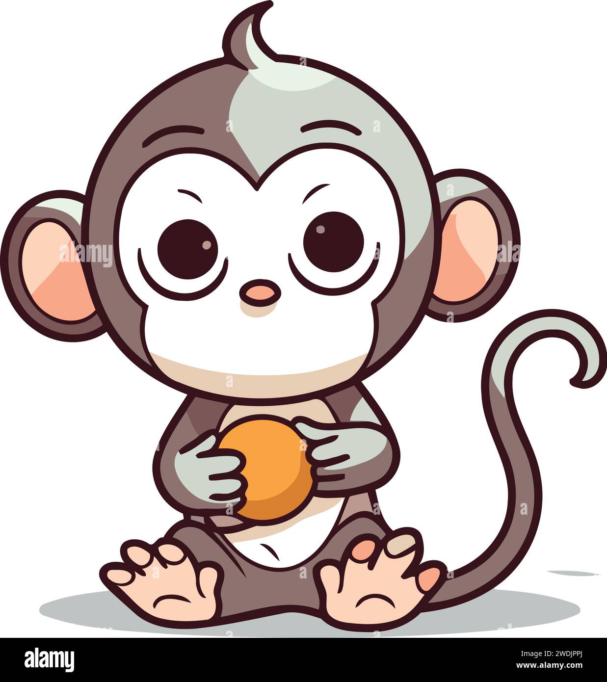 Cute little monkey with orange. Cartoon character. Vector illustration