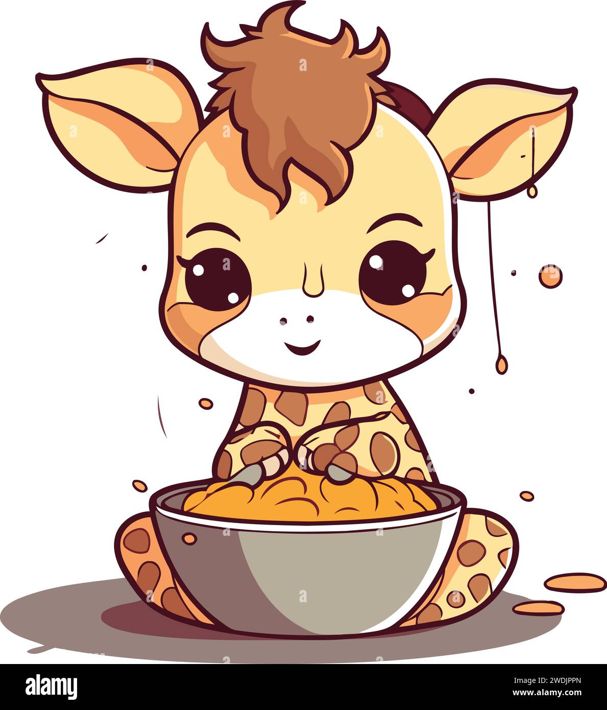 Cute cartoon giraffe eating from a bowl of milk. Vector illustration