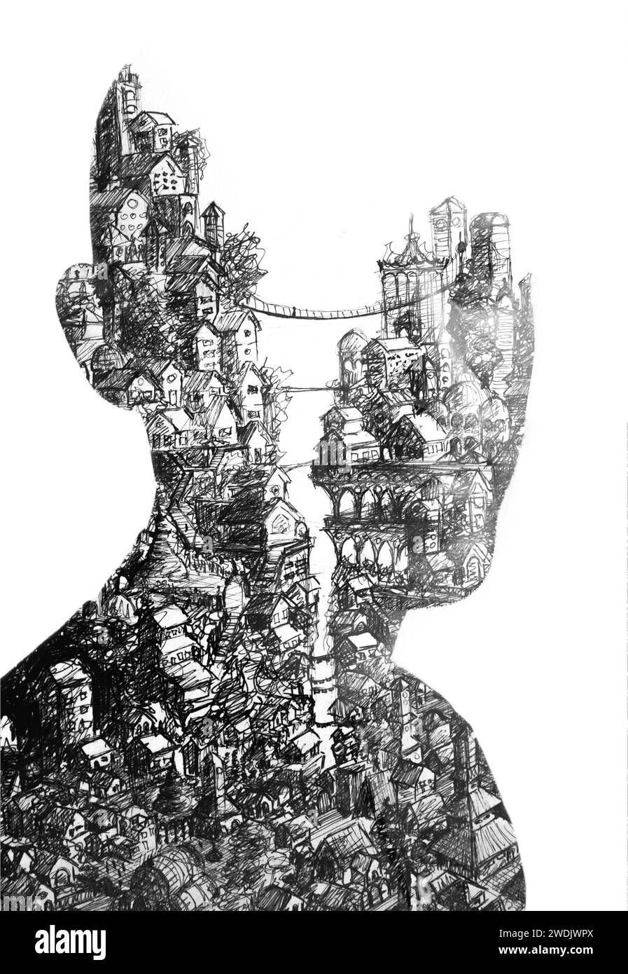A conceptual black and white paintography double exposure portrait ...