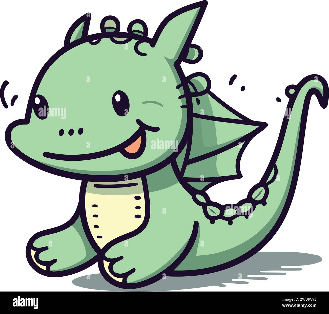 Cute green dragon cartoon vector illustration. Cute cartoon dragon. Stock Vector