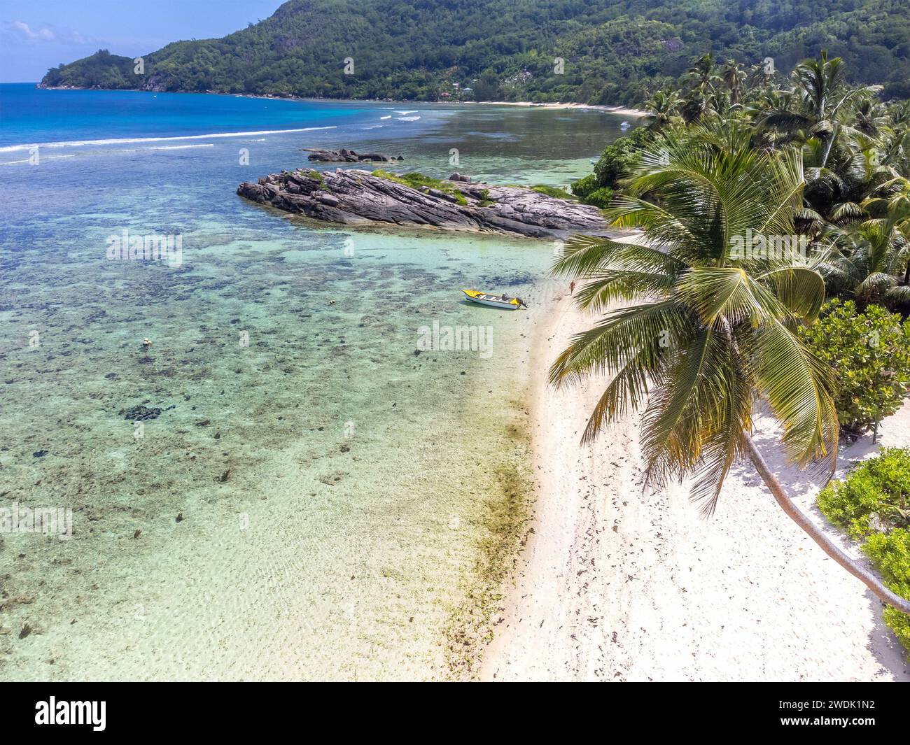 Aerial view of Anse Forbans shoreline on a sunny day. Mahe island, Seychelles Stock Photo