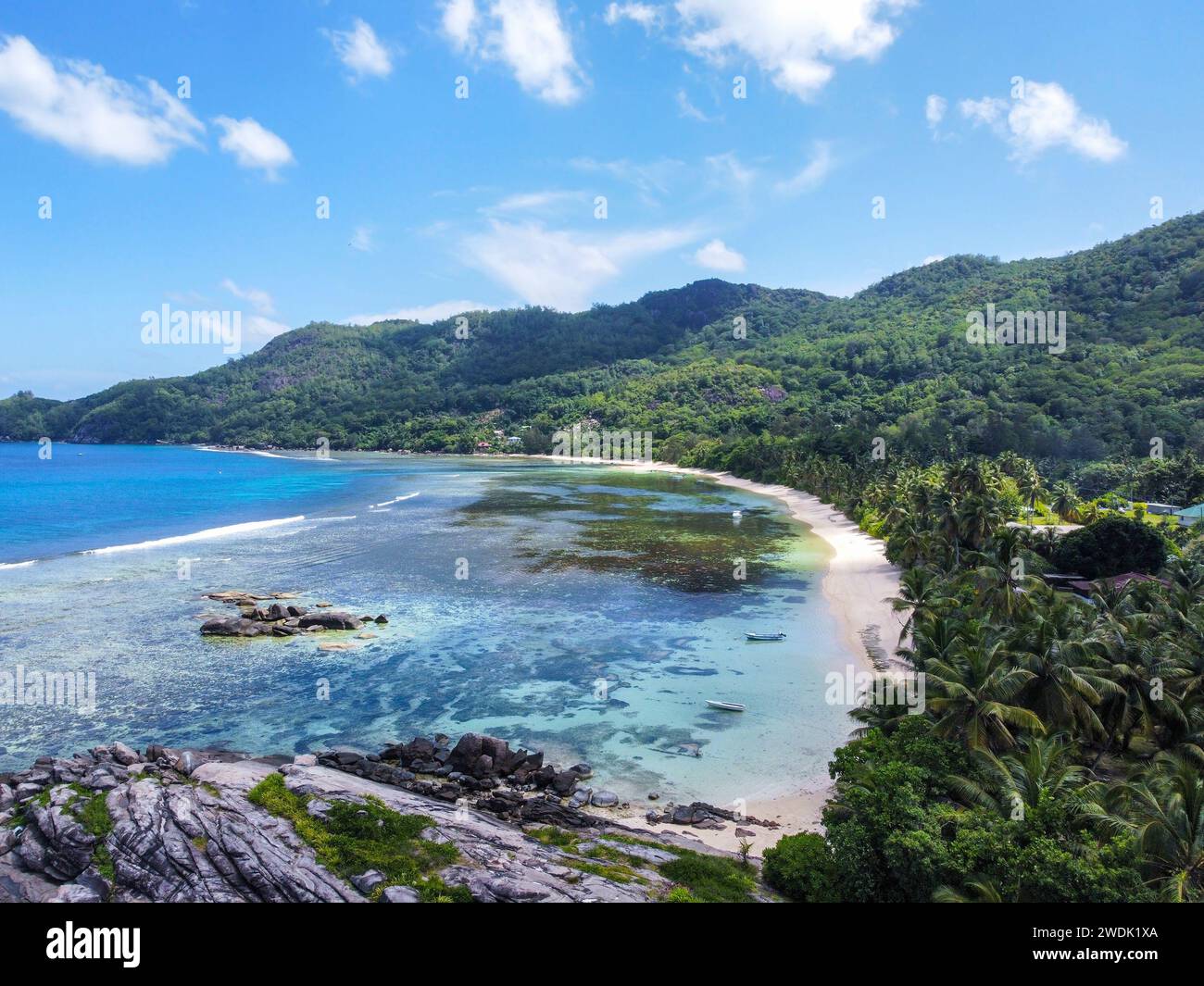 Aerial view of Anse Forbans beach on a sunny day. Mahe island, Seychelles Stock Photo