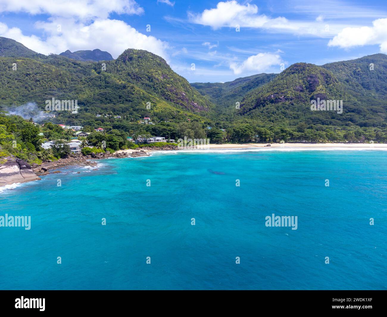 Aerial view of Grande Anse beach shoreline. Mahe island, Seychelles