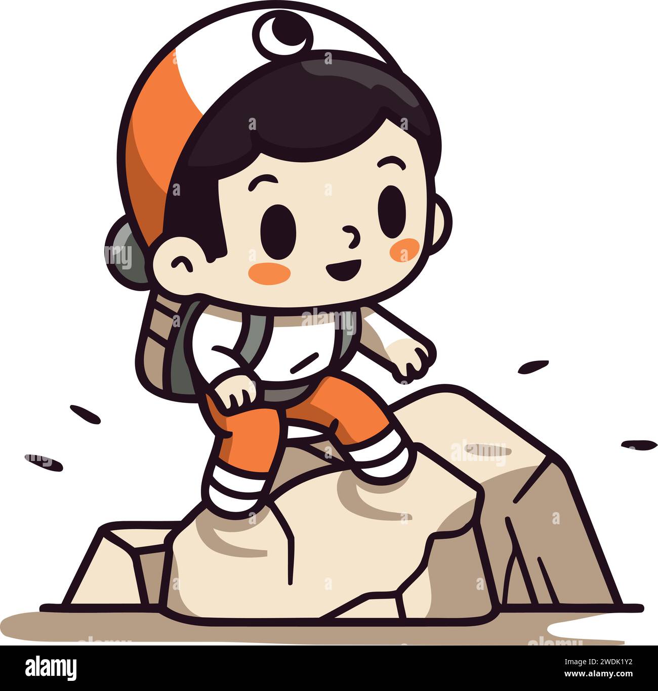 Cute boy climbing on a rock. Vector illustration in a flat style. Stock Vector
