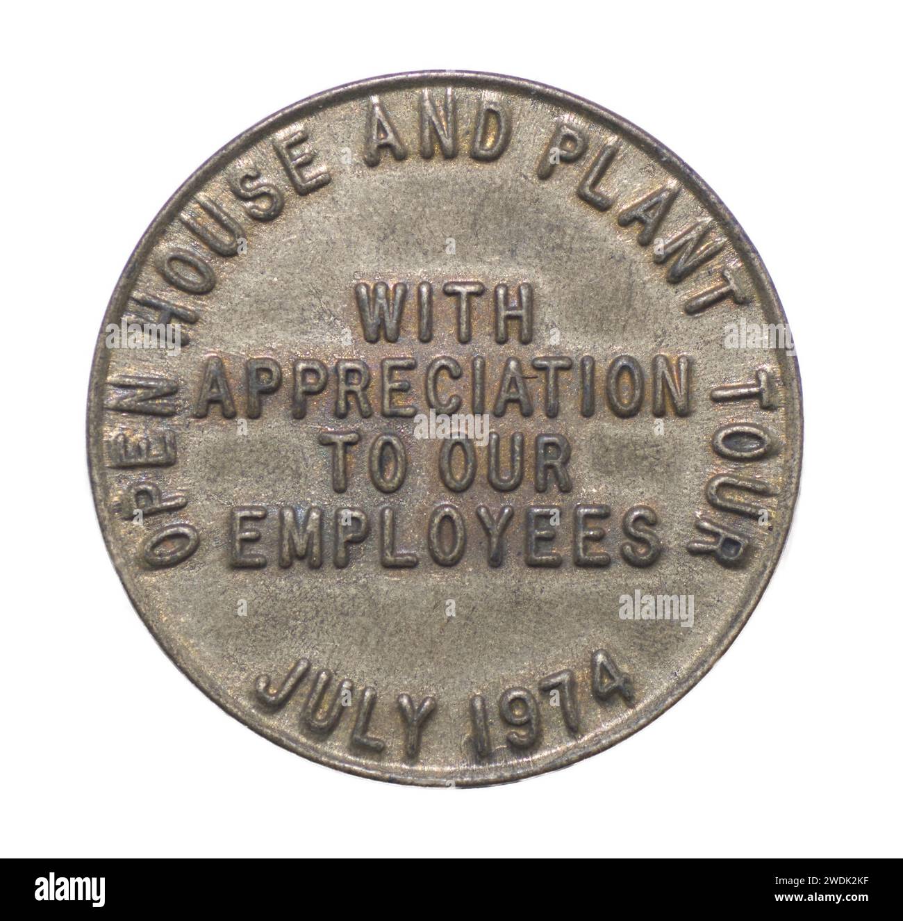 July 1974 Port Huron, Michigan USA Mueller copper Brass and aluminum company Open House, Plant Tour. Token With Appreciation To Our Employees. Isolate Stock Photo