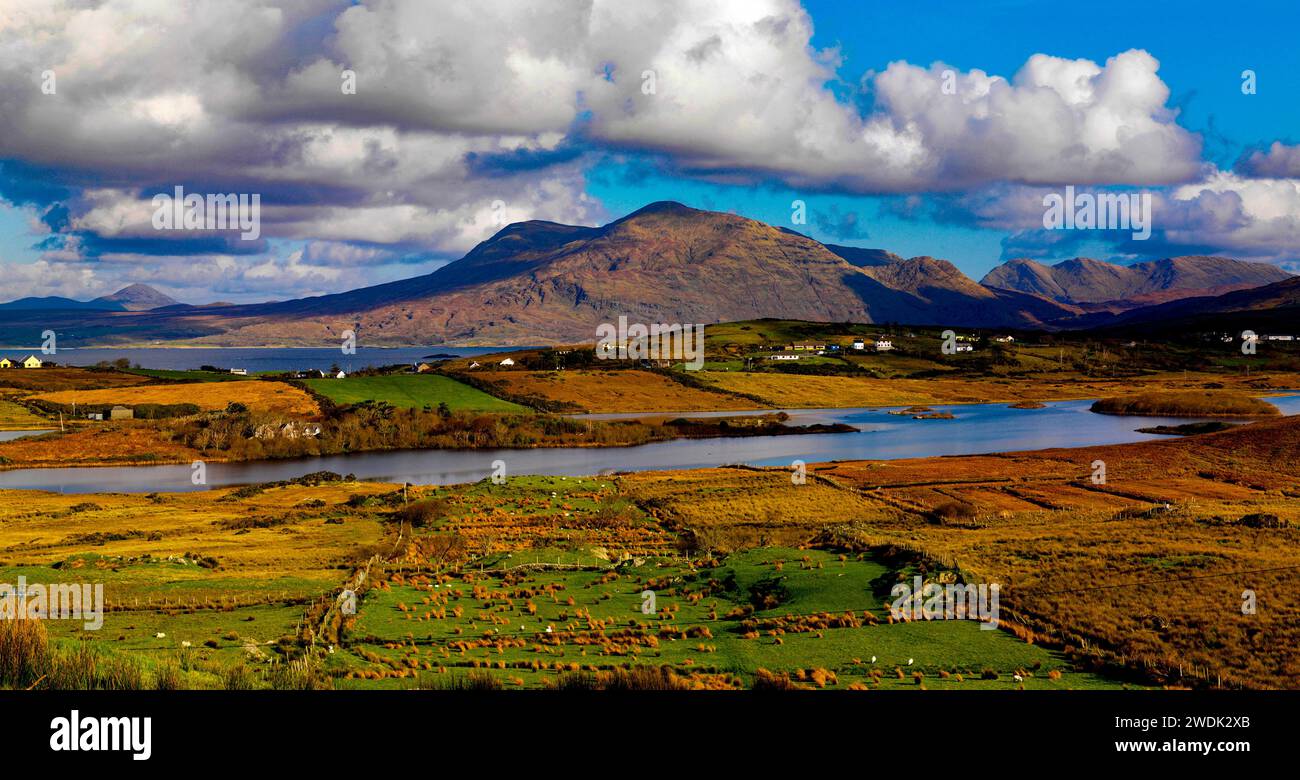 Mweelrea Mountains, Towards Killary harbour over Tully Lough, Connemara, Co. Galway, Ireland Stock Photo