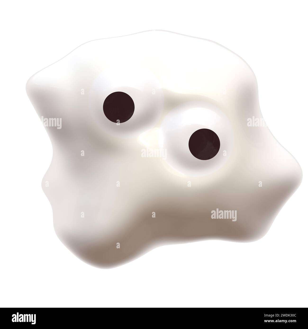 Abstract shaped plastic blot with eyes on white background. Texture for background presentation theme children products. Spilled goo blob mucus. Stock Photo