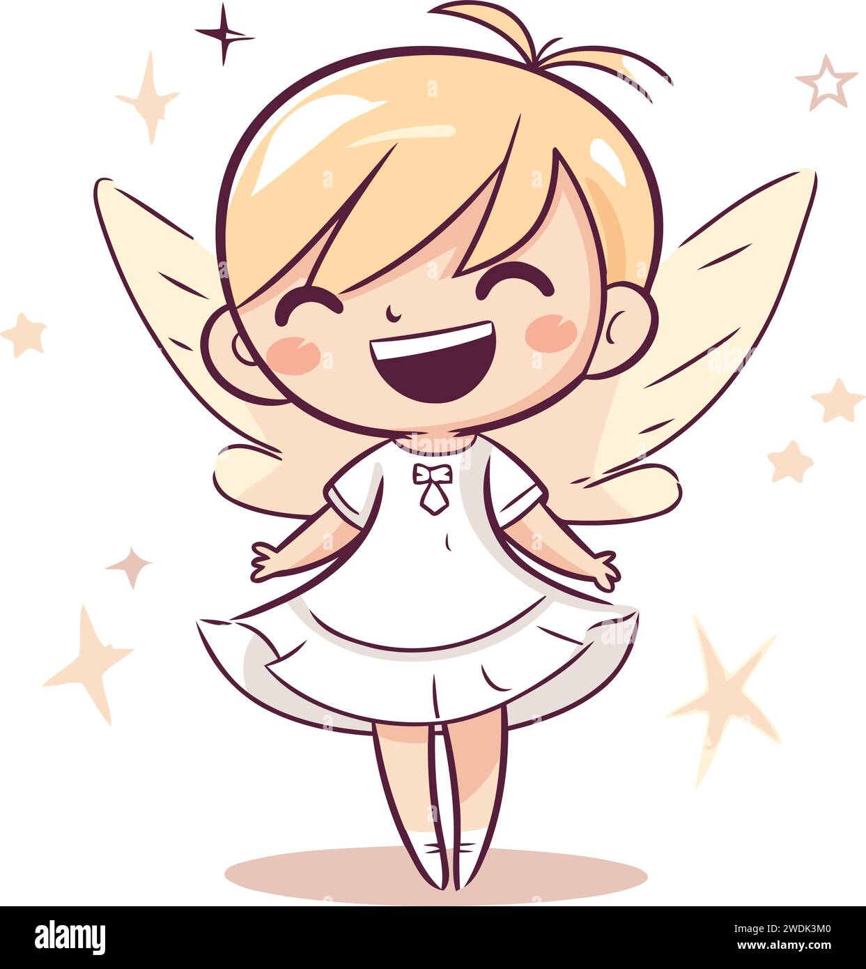Cute Little Girl In White Dress With Wings And Stars Vector cute-little-girl-in-white-dress-with-wings-and-stars-vector