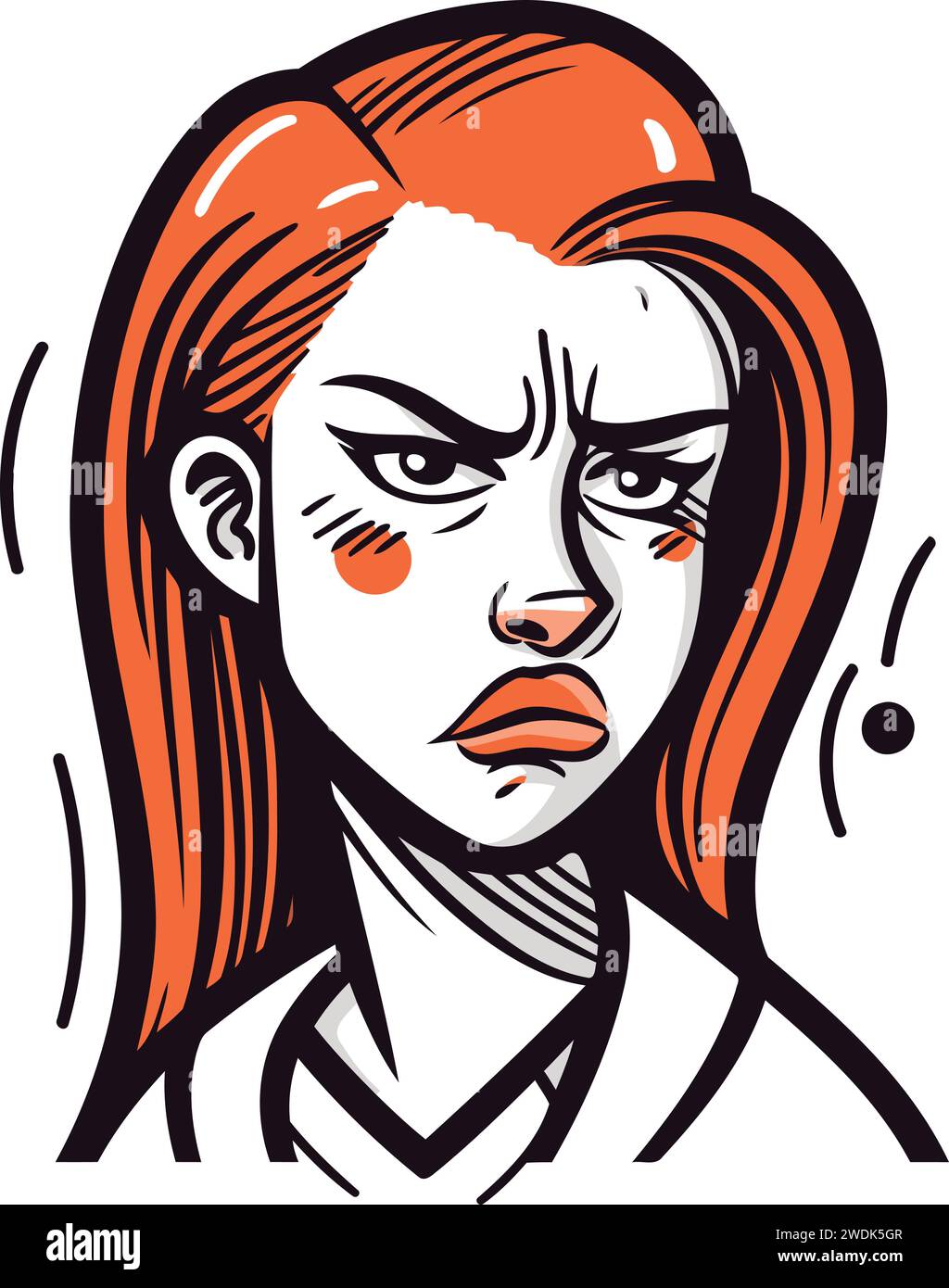 Angry woman face. Vector illustration of a female face with red hair. Stock Vector