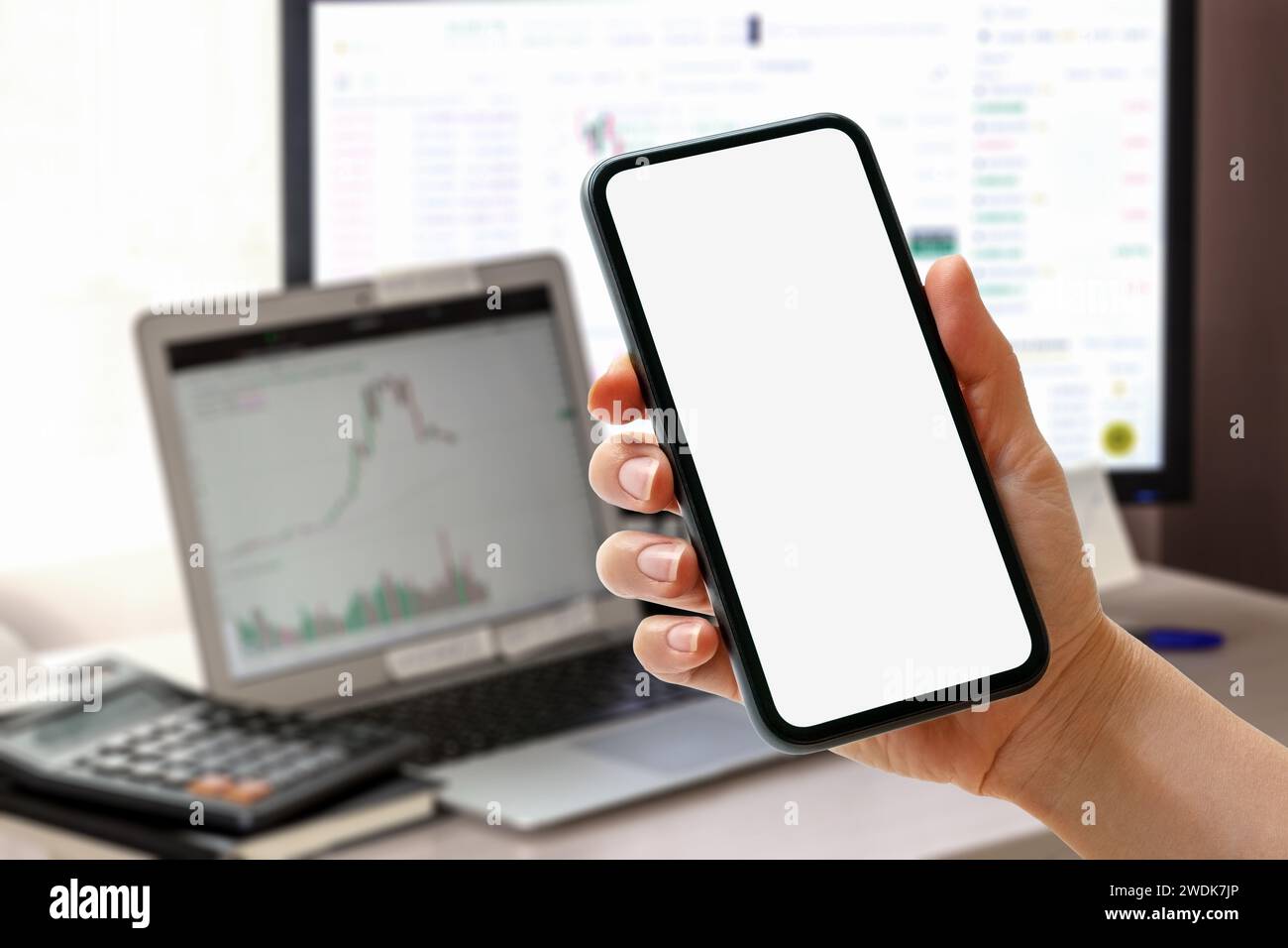Smart phone with blank screen in hand in front of computers with ...