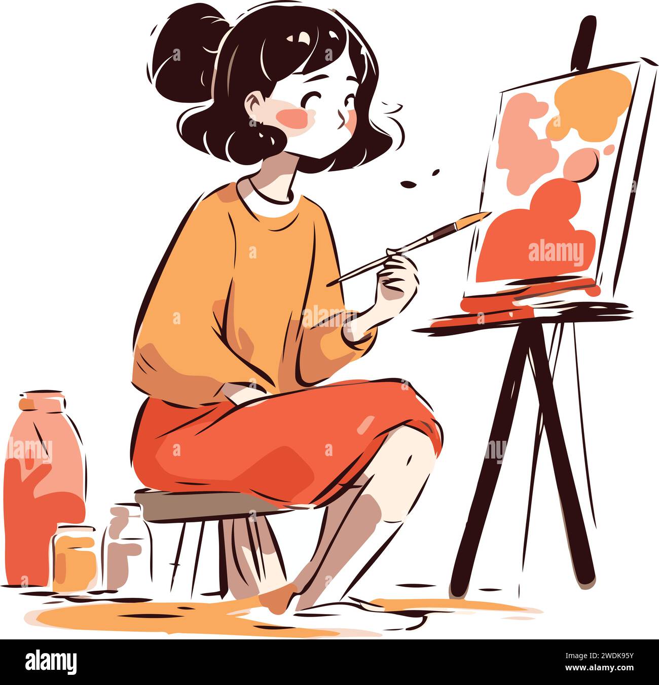 Girl painting a picture on easel. Vector illustration in cartoon style