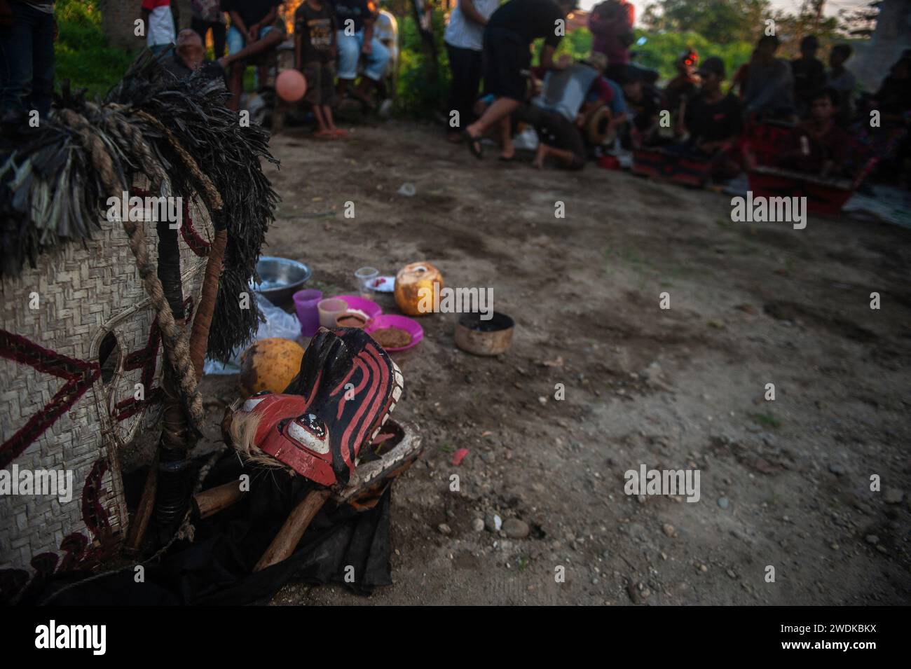 Rattan woven horses are seen while several Indigenous Javanese men act ...