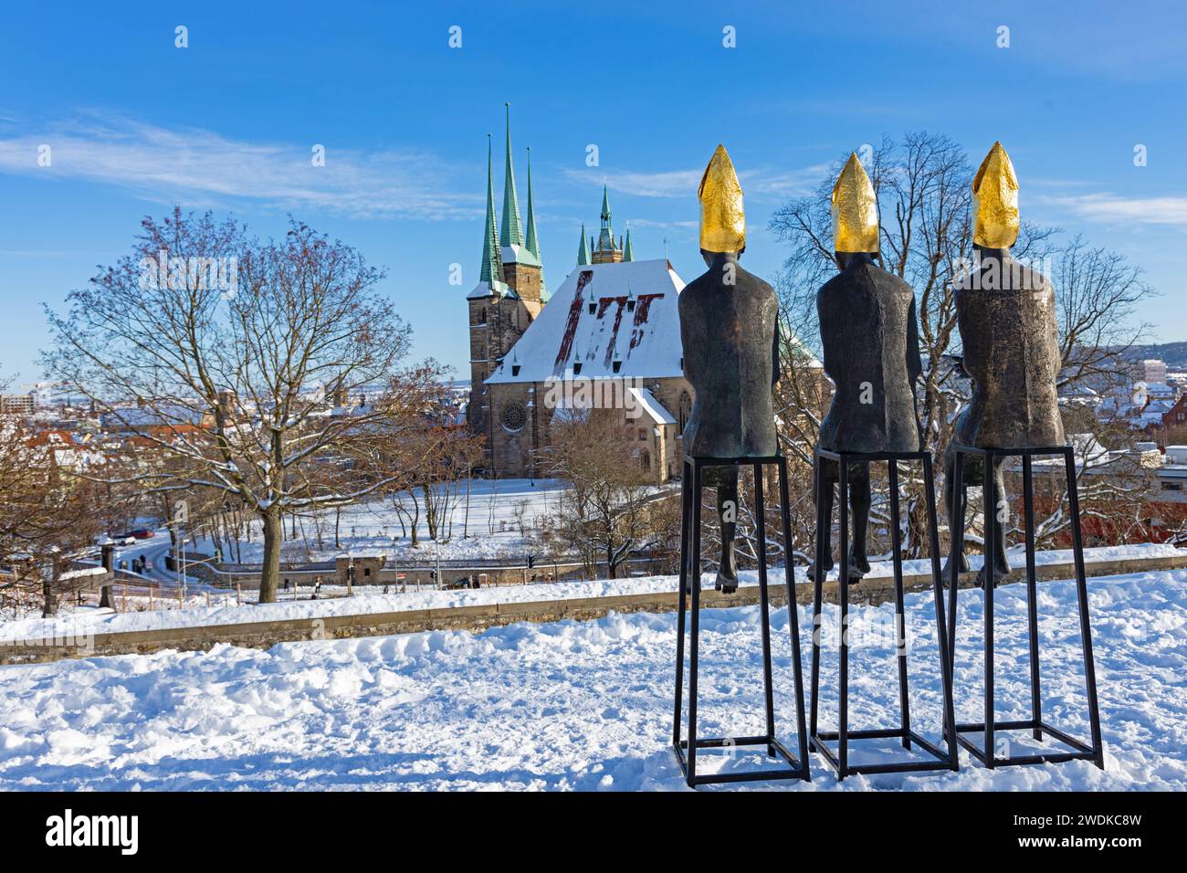 Petersberg hill in Erfurt with the three bishops statues in winter Stock Photo