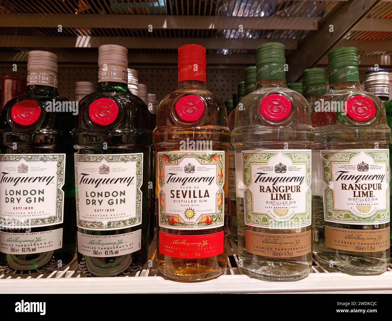 Tanquerey Gin Bottles in a supermarket Stock Photo