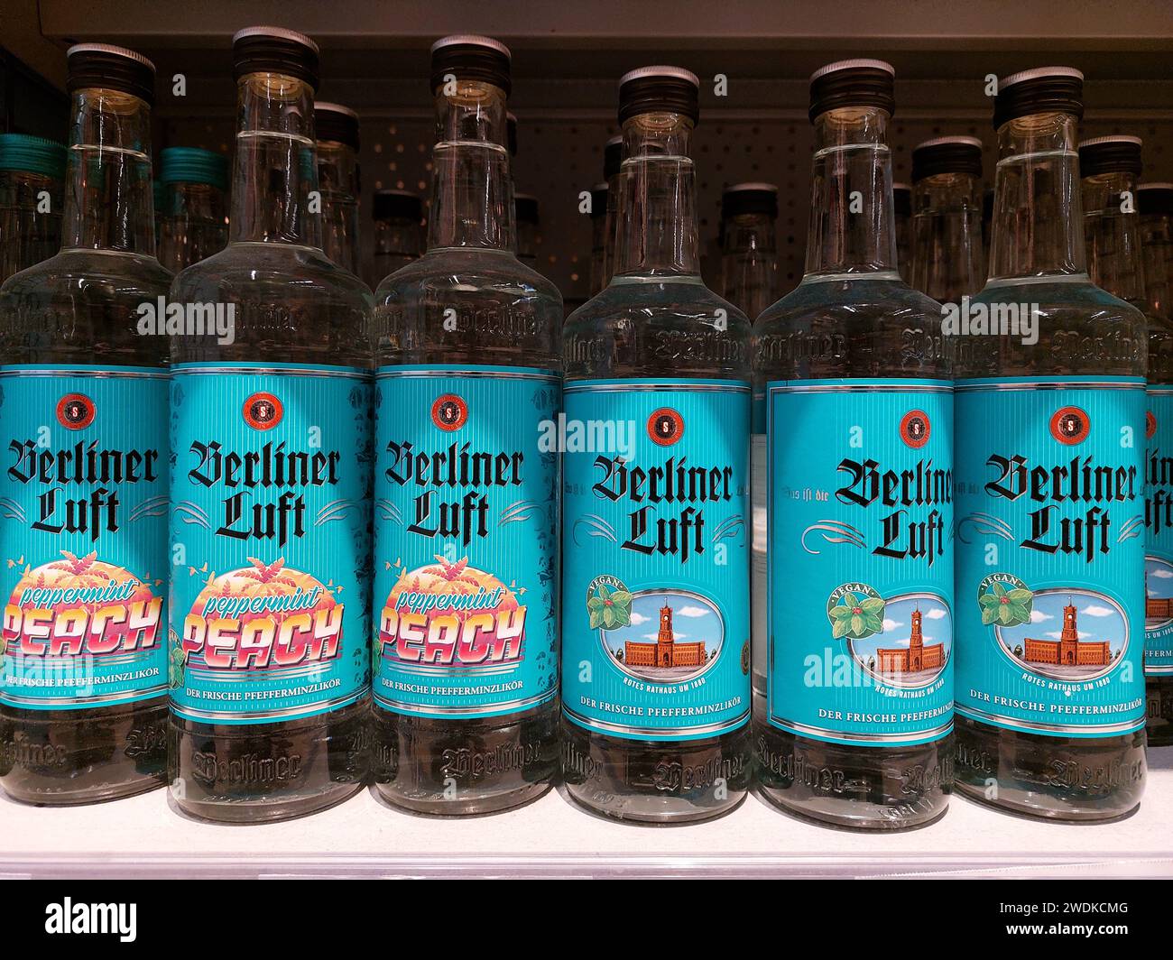 Berliner Luft peppermint liqueur bottles in a supermarket Stock Photo ...