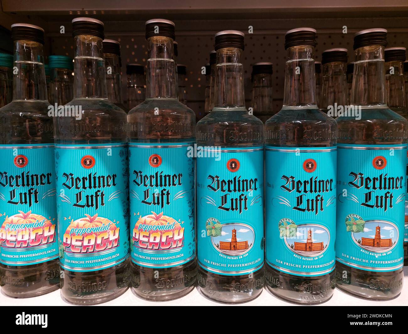 Berliner Luft peppermint liqueur bottles in a supermarket Stock Photo ...