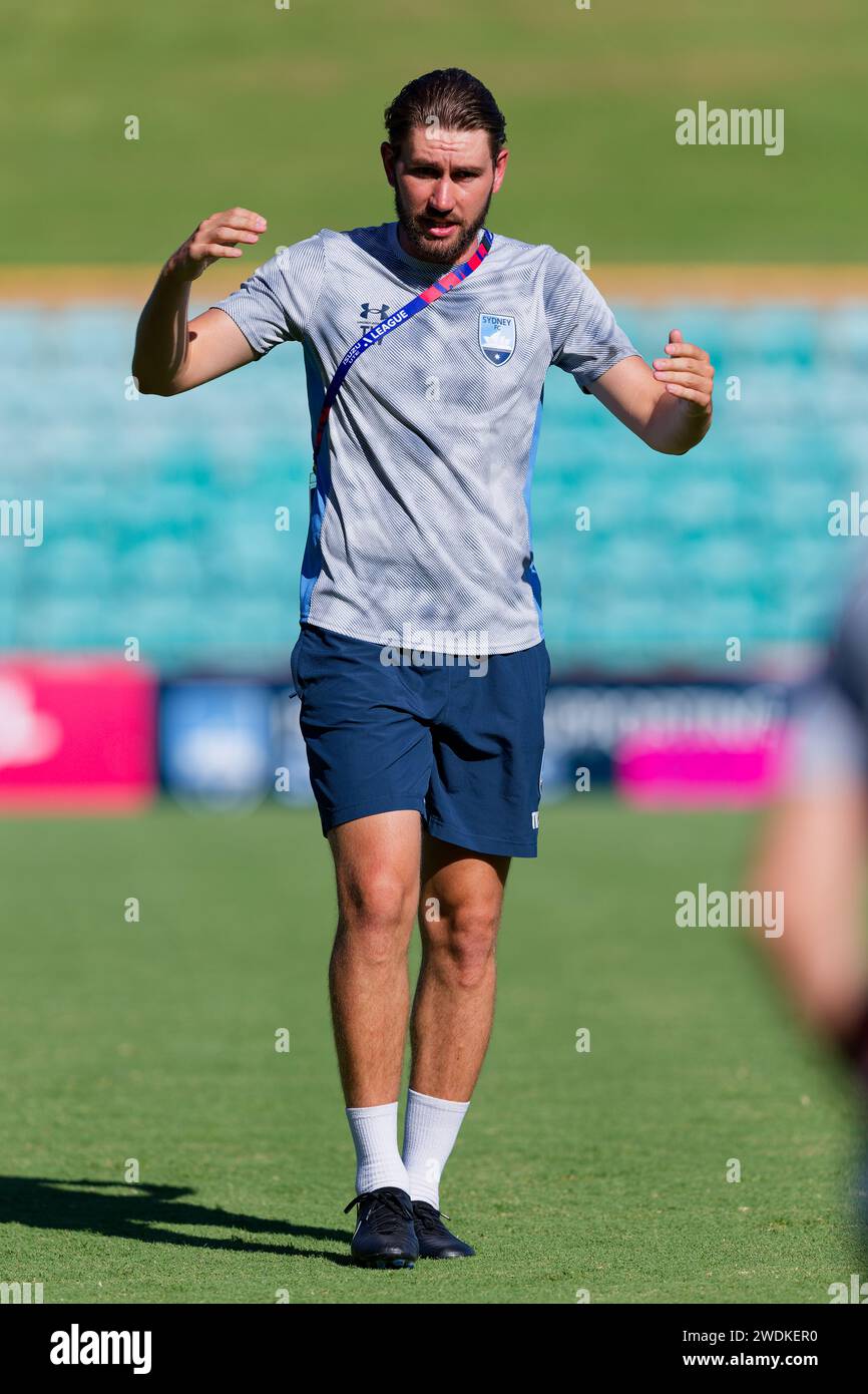Sydney, Australia. 21st Jan, 2024. Assistant coach, Tom Whiteside of Sydney FC leading the warm up session before the A-League Women Rd13 match between Sydney FC and Newcastle Jets at Leichhardt Oval on January 21, 2024 in Sydney, Australia Credit: IOIO IMAGES/Alamy Live News Stock Photo