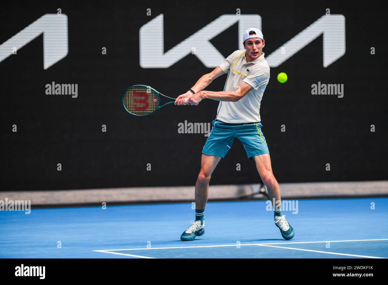 Humbert Ugo of France plays against Hubert Hurkacz of Poland ( not pictured) during Round 3 match of the Australian Open Tennis Tournament at Melbourne Park. Final score; Hurkacz Hubert 3:1 Humbert Ugo. Stock Photo