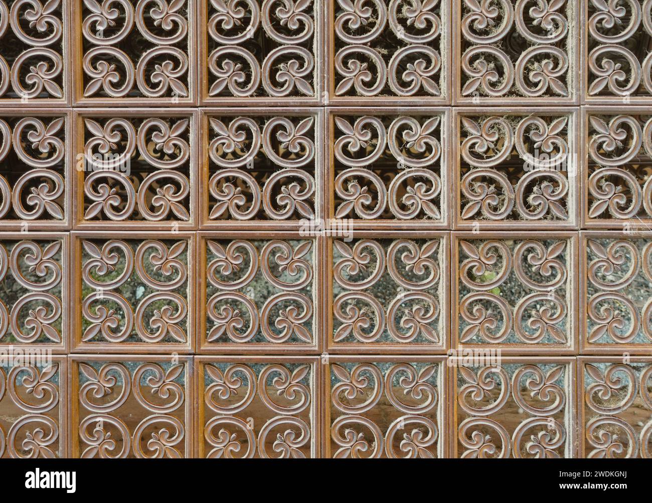 Vintage wooden grille decorative panel abstract background pattern. Stock Photo